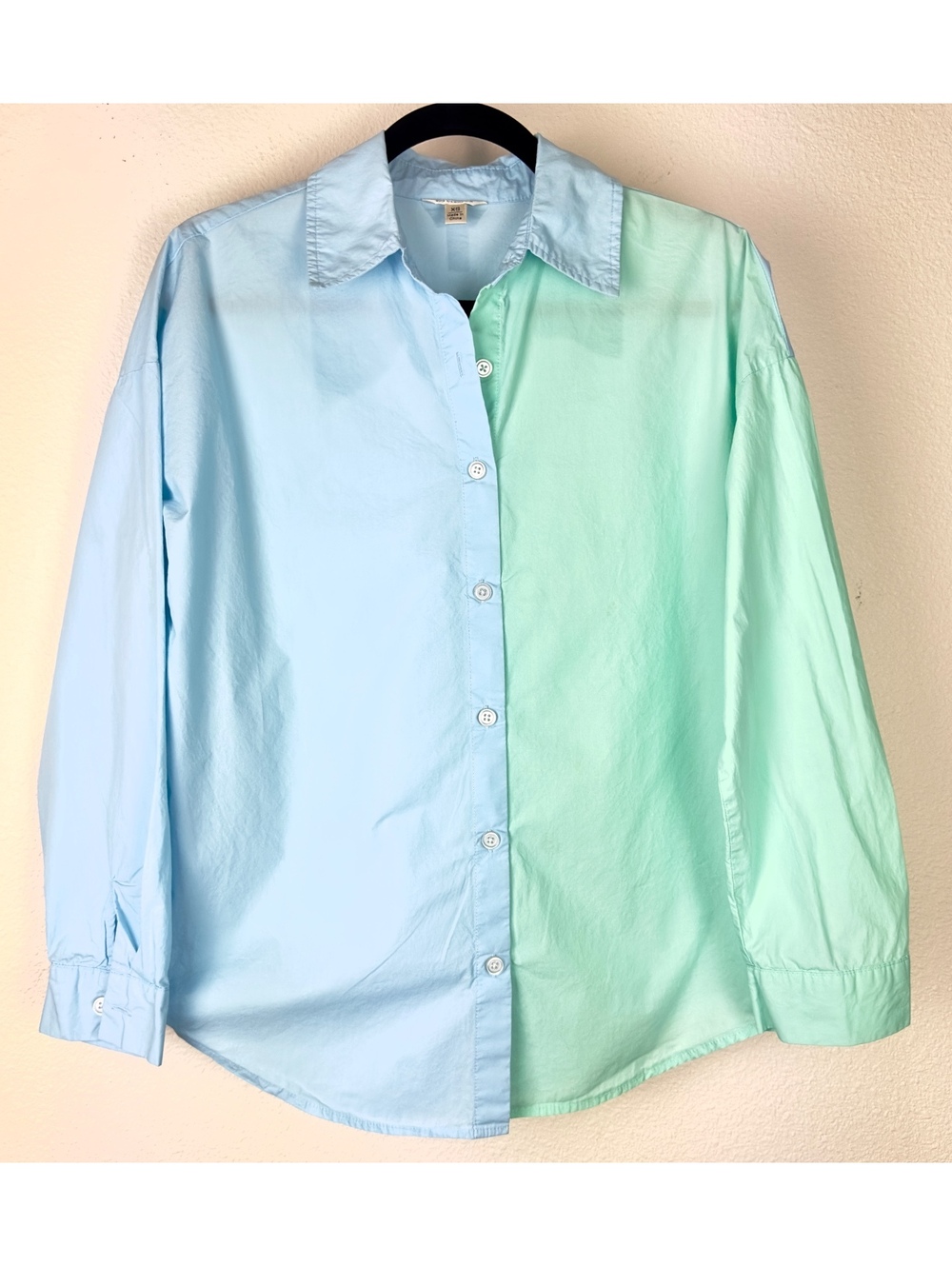Versona XS Colorblock Button Down Shirt Blue Mint Green Oversized Long Sleeve